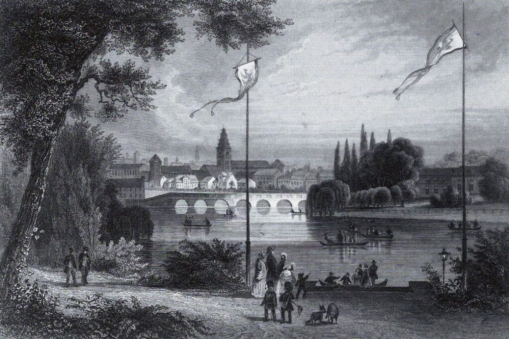 Гравюра 1850 года с изображением Замкового пруда и моста через него
