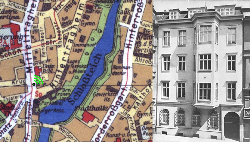 Слева - месторасположение на карте Кёнигсберга 1931 года. Справа - вход в консульство