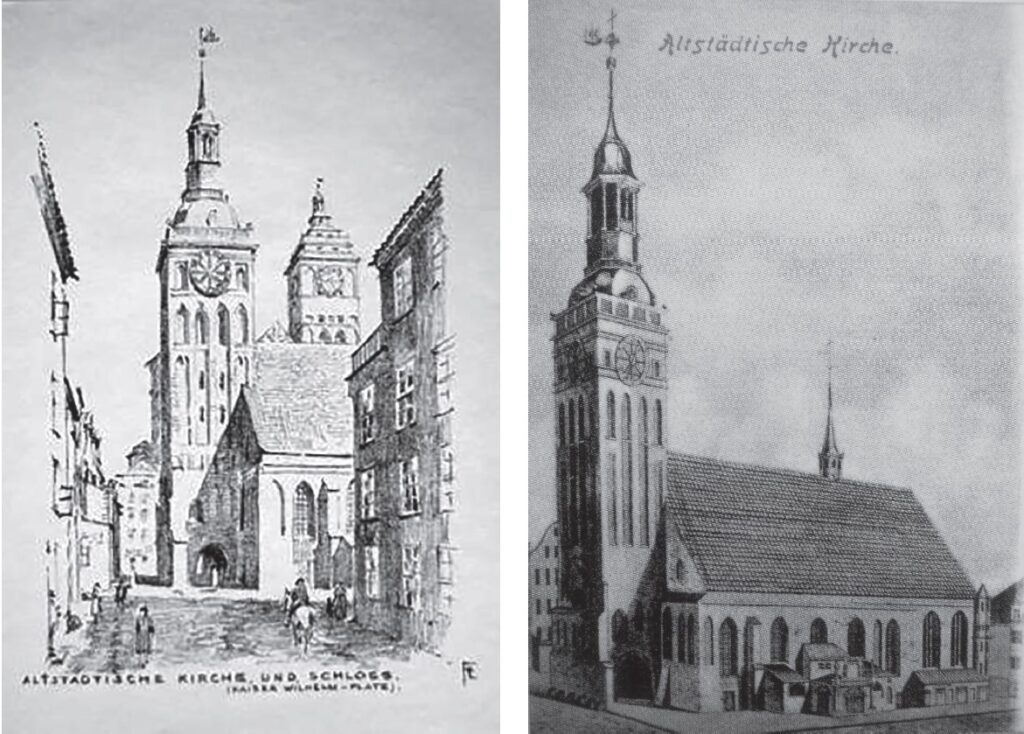 Слева - литография Ларса, справа - старинная гравюра Альтштадтской кирхи
