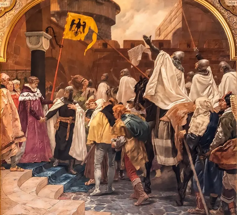 Фотографическая репродукция картины Петера Янсена «Kaiser Friedrich II. entläßt nach Preußen ziehende Deutsch-Ordensritter, 1236»