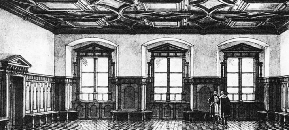 Реконструкция интерьера Зала Московитов в конце XVI в. (Lahrs Fr., 1956)